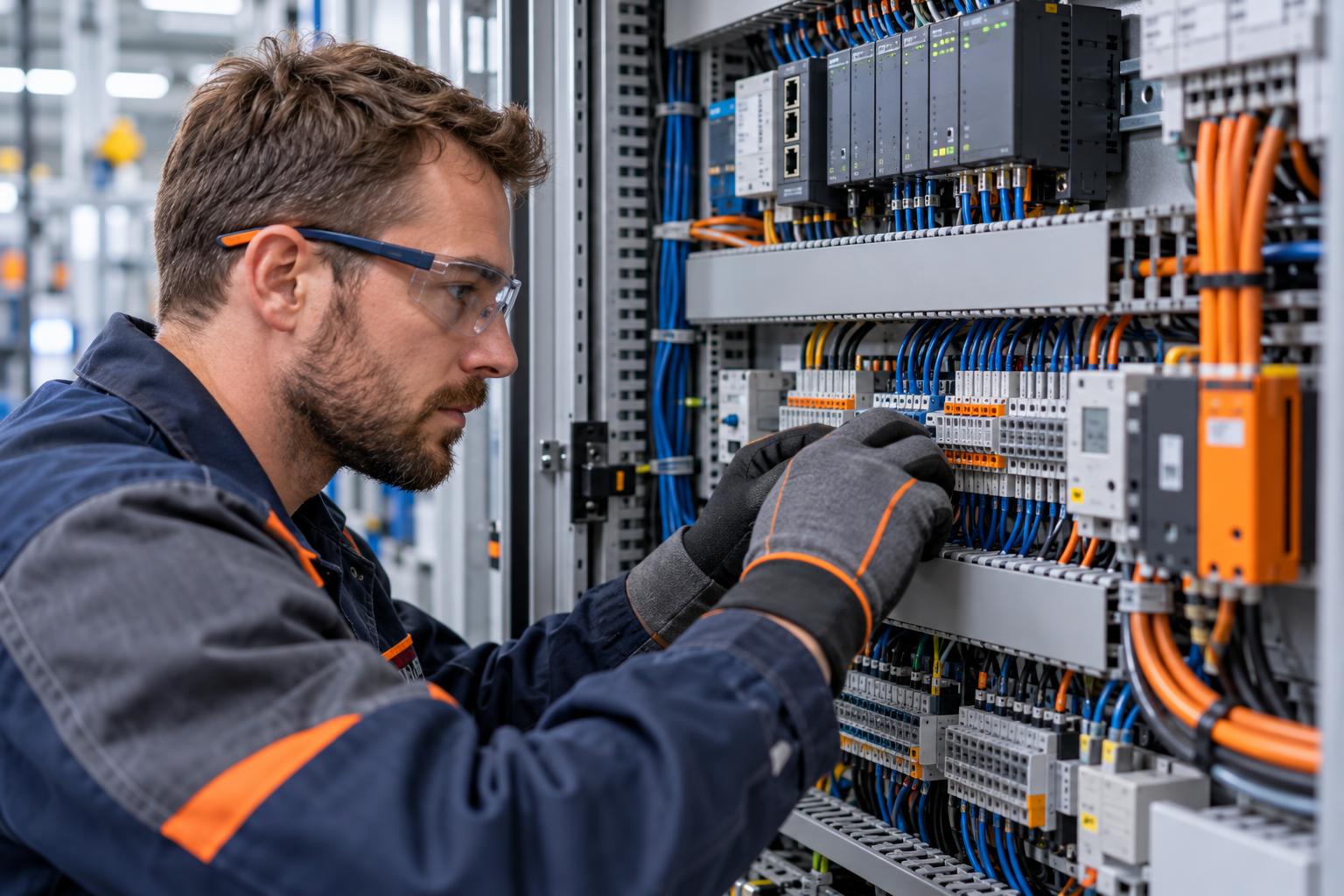 Elektrikár kontroluje čisté zapojenie a usporiadanie káblov v rozvádzači