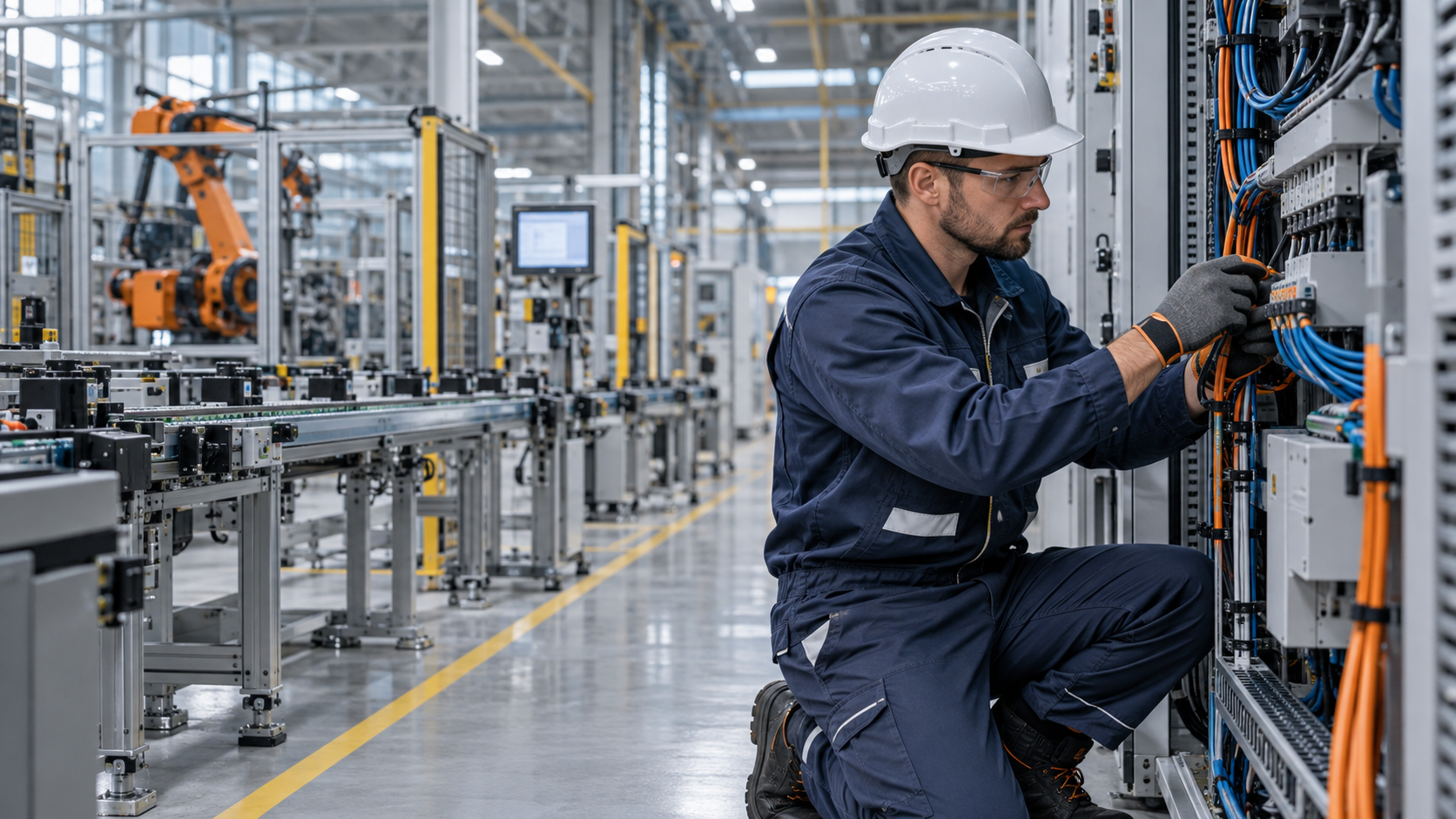 Priemyselný elektrikár kontroluje zapojenie automatizačnej linky v zahraničnej výrobnej hale